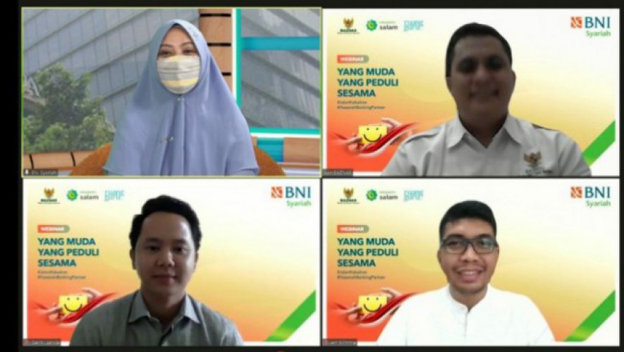 Pemimpin Divisi Kartu Pembiayaan BNI Syariah, Rima Dwi Permatasari; Kepala Divisi Pengumpulan Ritel Nasional Badan Amil Zakat Nasional (BAZNAS), Fitriansyah Agus Setiawan; Head of Tokopedia Salam, Bapak Garri Juanda; Head of Public Policy Ruangguru, Bapak Amri Ilmma dalam acara Talkshow Webinar dengan judul ?Yang Muda Yang Peduli Sesama?, 